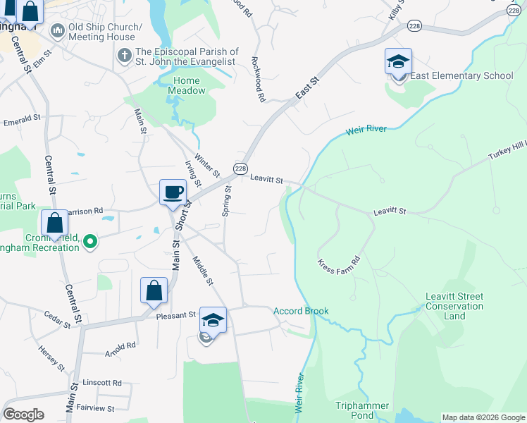 map of restaurants, bars, coffee shops, grocery stores, and more near 7 Village Lane in Hingham