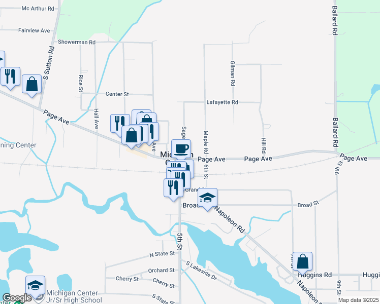 map of restaurants, bars, coffee shops, grocery stores, and more near 107 Sager Road in Michigan Center