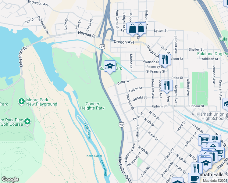 map of restaurants, bars, coffee shops, grocery stores, and more near 1540 California Avenue in Klamath Falls