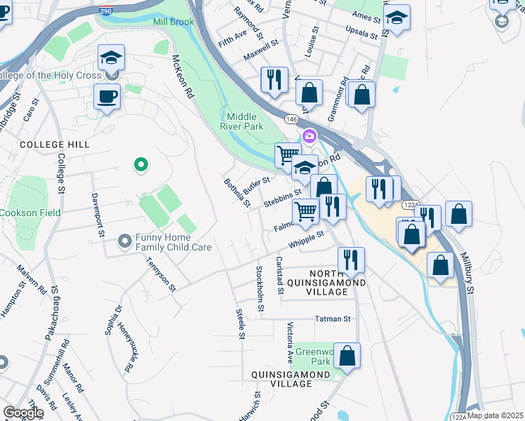 map of restaurants, bars, coffee shops, grocery stores, and more near 38 Stebbins Street in Worcester