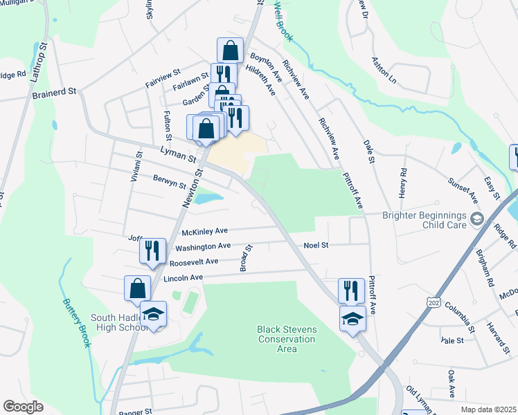 map of restaurants, bars, coffee shops, grocery stores, and more near 70 Lyman Street in South Hadley