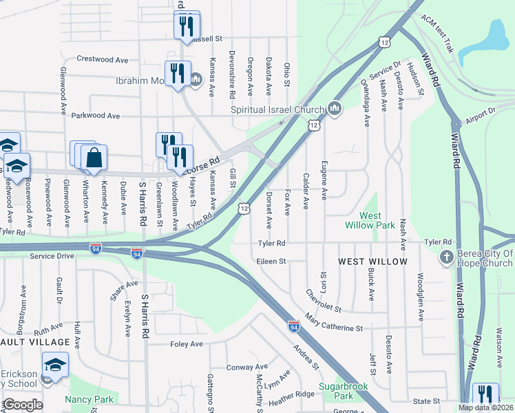 map of restaurants, bars, coffee shops, grocery stores, and more near 724 Dorset Avenue in Ypsilanti
