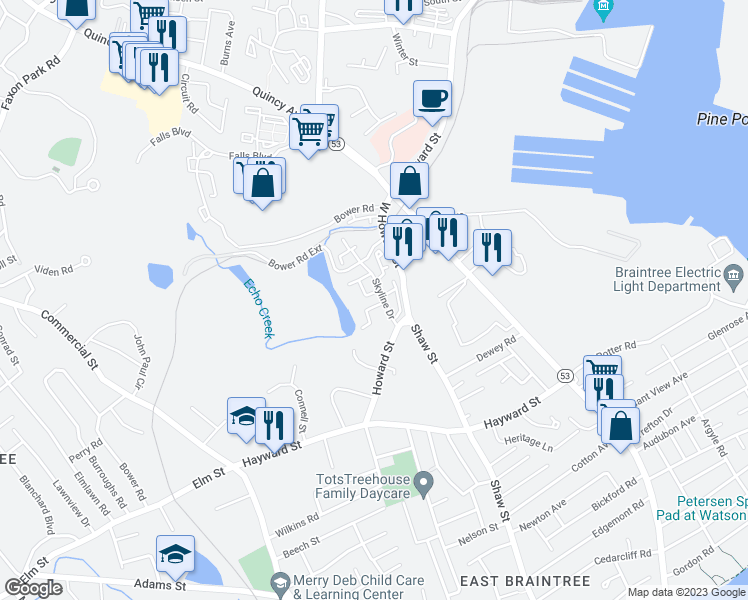 map of restaurants, bars, coffee shops, grocery stores, and more near 30 Skyline Drive in Braintree