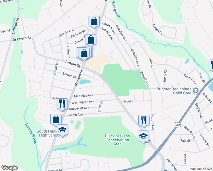 map of restaurants, bars, coffee shops, grocery stores, and more near 66 Lyman Street in South Hadley