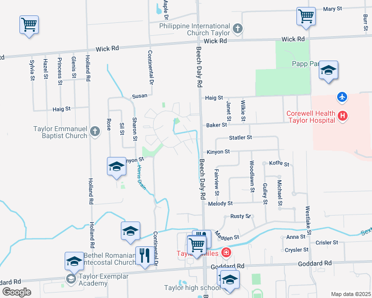 map of restaurants, bars, coffee shops, grocery stores, and more near 25915 Continental Circle in Taylor