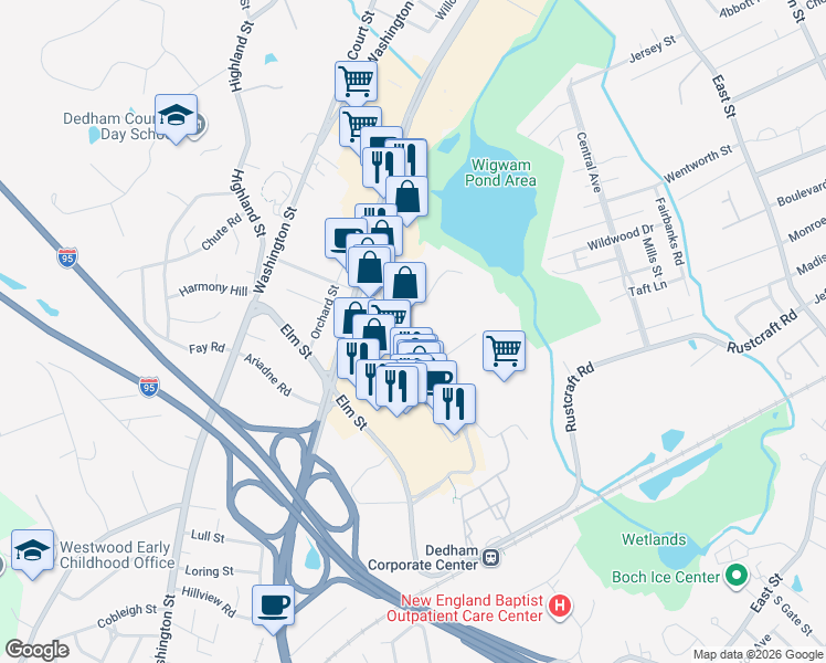 map of restaurants, bars, coffee shops, grocery stores, and more near 38 Commercial Circle in Dedham