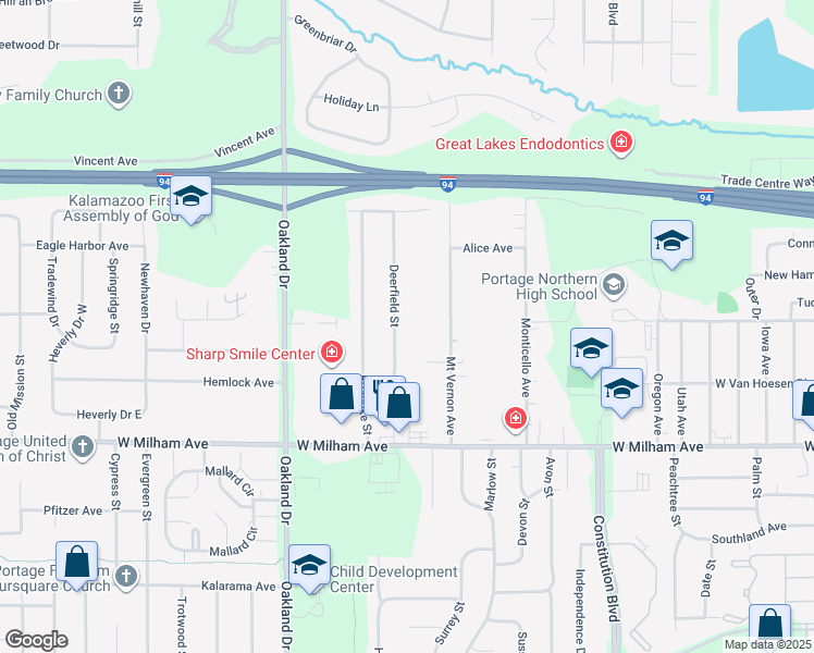 map of restaurants, bars, coffee shops, grocery stores, and more near 5713 Deerfield Street in Portage