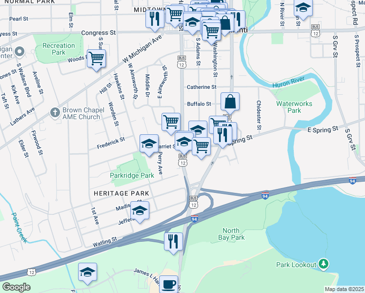 map of restaurants, bars, coffee shops, grocery stores, and more near S Hamilton St & Harriet St in Ypsilanti