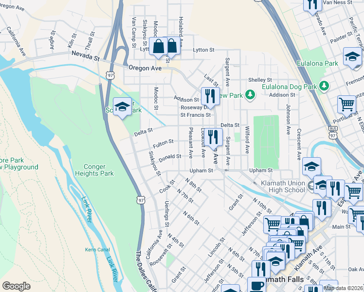 map of restaurants, bars, coffee shops, grocery stores, and more near 1433 Lakeview Avenue in Klamath Falls