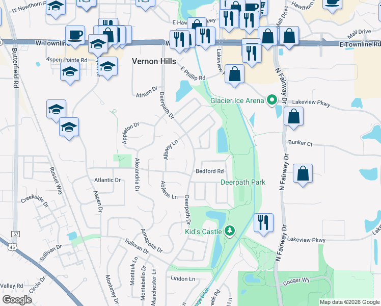 map of restaurants, bars, coffee shops, grocery stores, and more near 406 Aurora Court in Vernon Hills