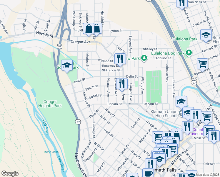 map of restaurants, bars, coffee shops, grocery stores, and more near 1435 Pleasant Avenue in Klamath Falls