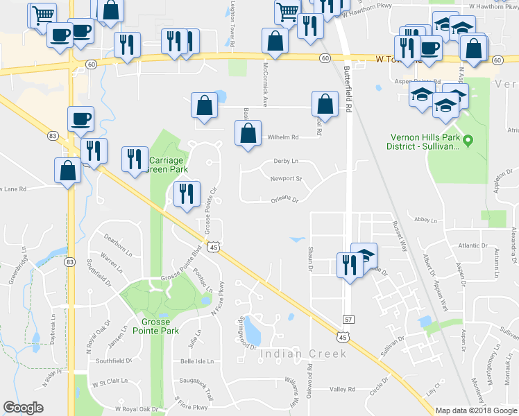 map of restaurants, bars, coffee shops, grocery stores, and more near 1291 Orleans Drive in Mundelein
