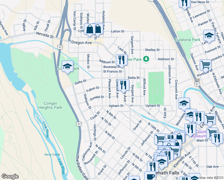 map of restaurants, bars, coffee shops, grocery stores, and more near 703 Fulton Street in Klamath Falls
