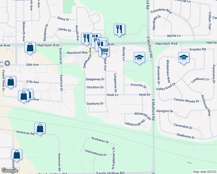 map of restaurants, bars, coffee shops, grocery stores, and more near 2924 Stowmarket Avenue in Rockford
