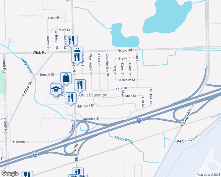 map of restaurants, bars, coffee shops, grocery stores, and more near 9509 Chamberlain Street in Romulus