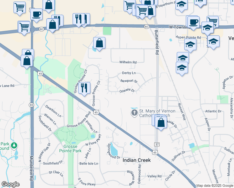 map of restaurants, bars, coffee shops, grocery stores, and more near 1281 Orleans Drive in Mundelein