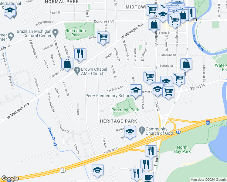 map of restaurants, bars, coffee shops, grocery stores, and more near 849 Frederick Street in Ypsilanti