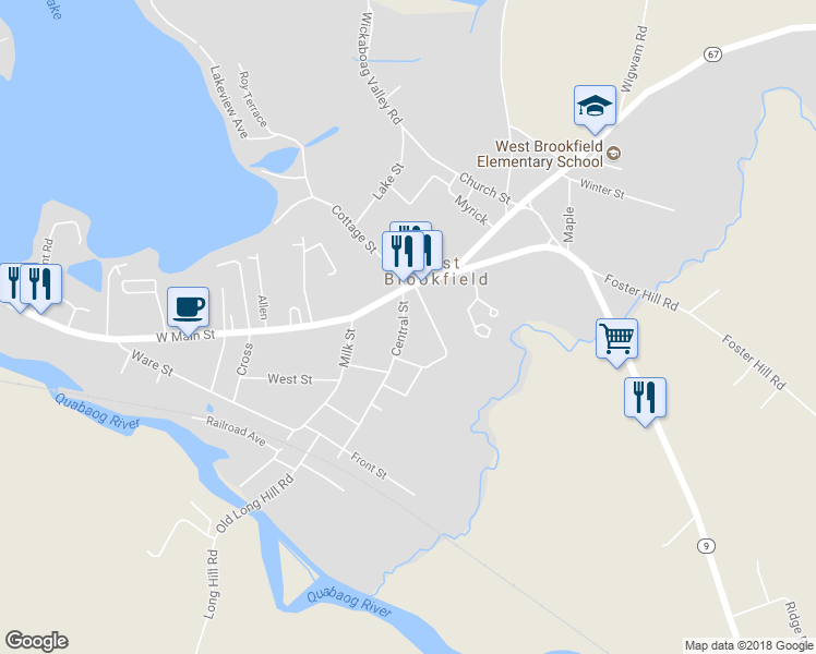 map of restaurants, bars, coffee shops, grocery stores, and more near 20 Central Street in West Brookfield