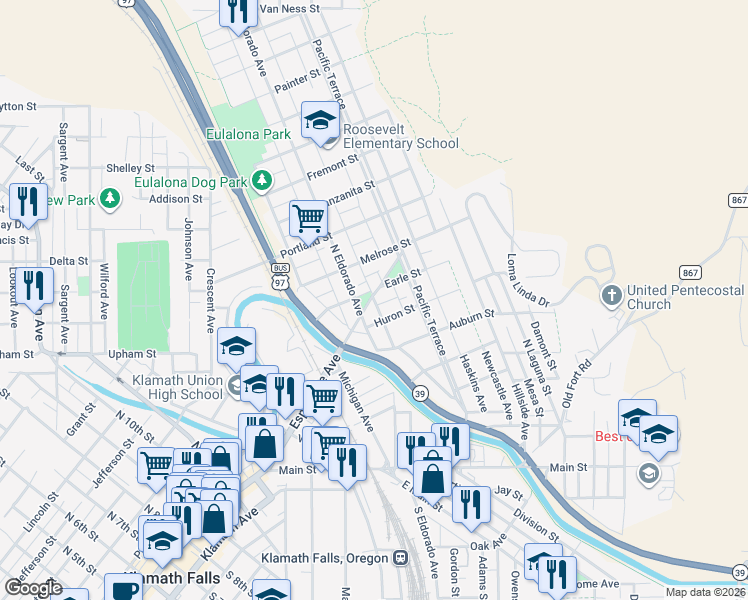 map of restaurants, bars, coffee shops, grocery stores, and more near 1934 Esplanade Avenue in Klamath Falls