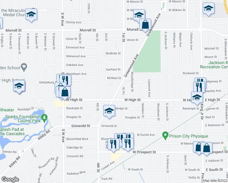 map of restaurants, bars, coffee shops, grocery stores, and more near 1230 Greenwood Avenue in Jackson