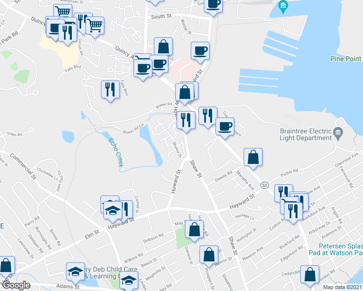 map of restaurants, bars, coffee shops, grocery stores, and more near in Braintree