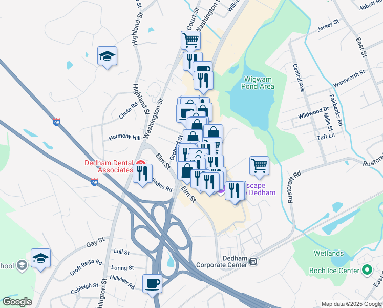 map of restaurants, bars, coffee shops, grocery stores, and more near 900 Providence Highway in Dedham