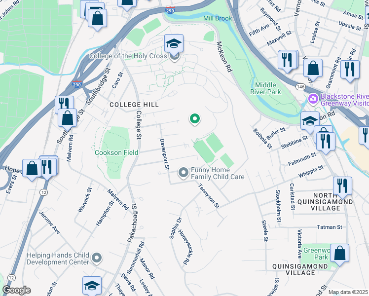 map of restaurants, bars, coffee shops, grocery stores, and more near 52 Dutton Street in Worcester