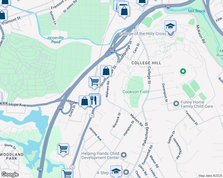 map of restaurants, bars, coffee shops, grocery stores, and more near 27 Malvern Road in Worcester