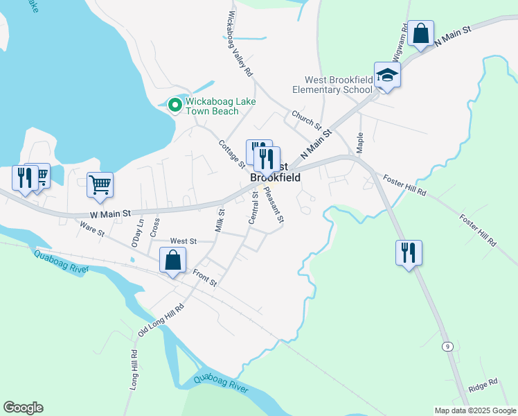 map of restaurants, bars, coffee shops, grocery stores, and more near 15 Central Street in West Brookfield