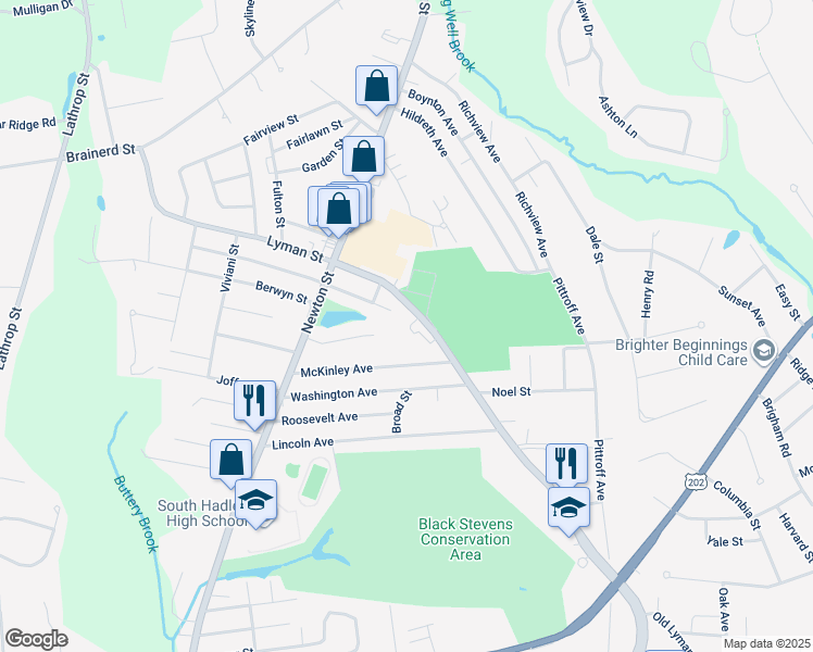 map of restaurants, bars, coffee shops, grocery stores, and more near 70 Lyman Street in South Hadley