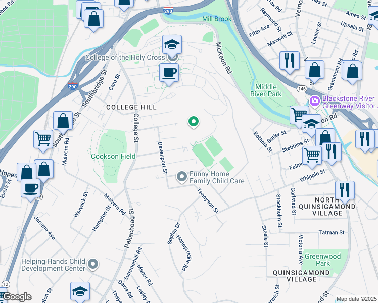 map of restaurants, bars, coffee shops, grocery stores, and more near 52 Dutton St in Worcester