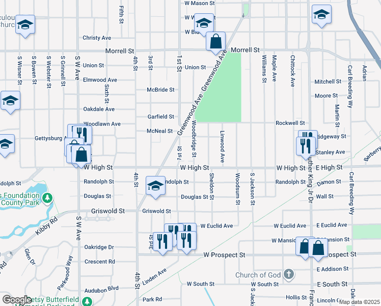 map of restaurants, bars, coffee shops, grocery stores, and more near 1220 Woodbridge Street in Jackson