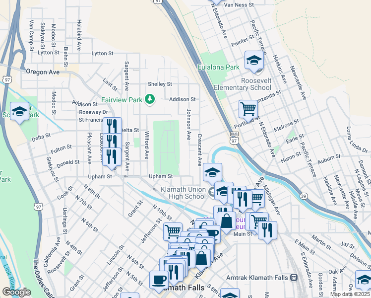 map of restaurants, bars, coffee shops, grocery stores, and more near 1434 Johnson Avenue in Klamath Falls