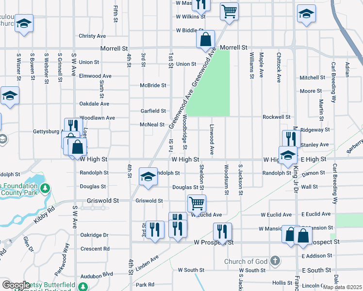 map of restaurants, bars, coffee shops, grocery stores, and more near 1220 Woodbridge Street in Jackson