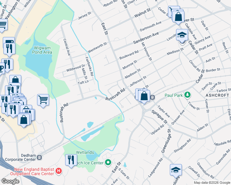map of restaurants, bars, coffee shops, grocery stores, and more near 23 Ford Street in Dedham
