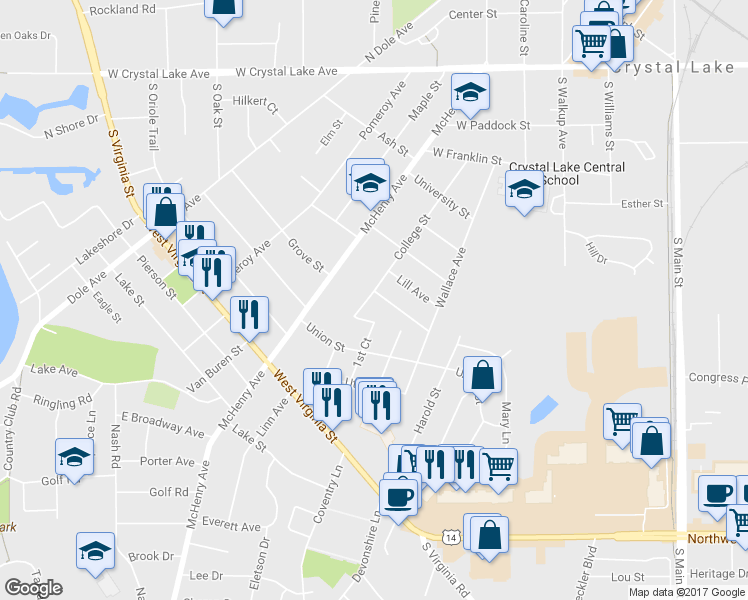 map of restaurants, bars, coffee shops, grocery stores, and more near 211 Eastview Avenue in Crystal Lake