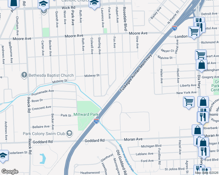 map of restaurants, bars, coffee shops, grocery stores, and more near 10055 Laurence Avenue in Allen Park