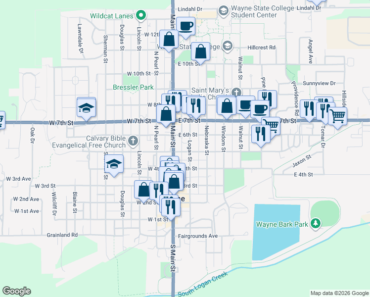 map of restaurants, bars, coffee shops, grocery stores, and more near 409 Main Street in Wayne