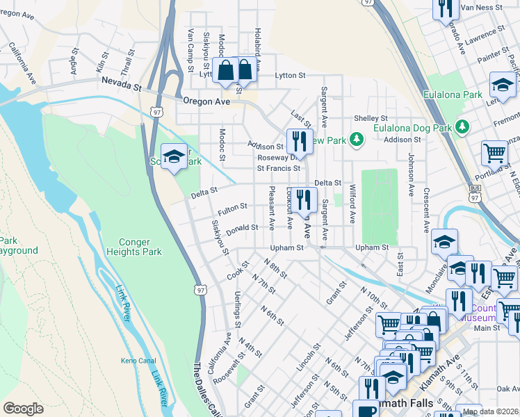 map of restaurants, bars, coffee shops, grocery stores, and more near 549 Fulton Street in Klamath Falls