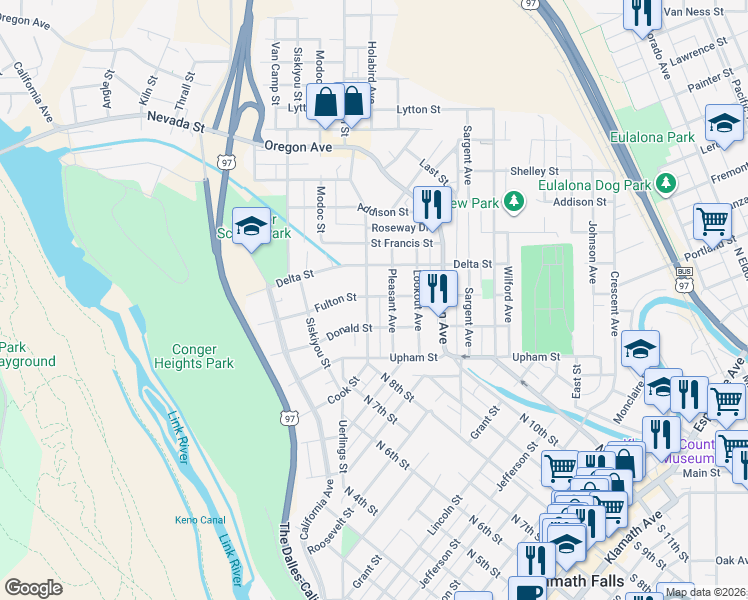 map of restaurants, bars, coffee shops, grocery stores, and more near 549 Fulton Street in Klamath Falls