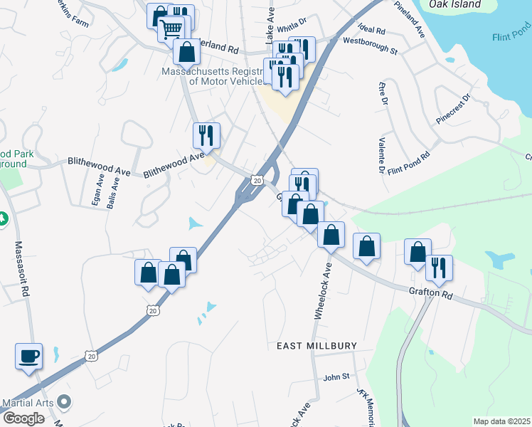 map of restaurants, bars, coffee shops, grocery stores, and more near 3 Stidsen Way in Worcester