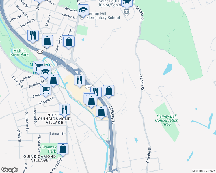 map of restaurants, bars, coffee shops, grocery stores, and more near 48 Gibbs Street in Worcester
