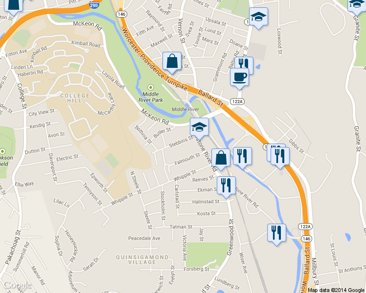 map of restaurants, bars, coffee shops, grocery stores, and more near 19 Stebbins Street in Worcester