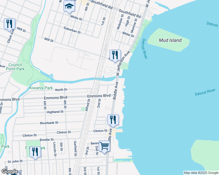 map of restaurants, bars, coffee shops, grocery stores, and more near 71 North Drive in Wyandotte