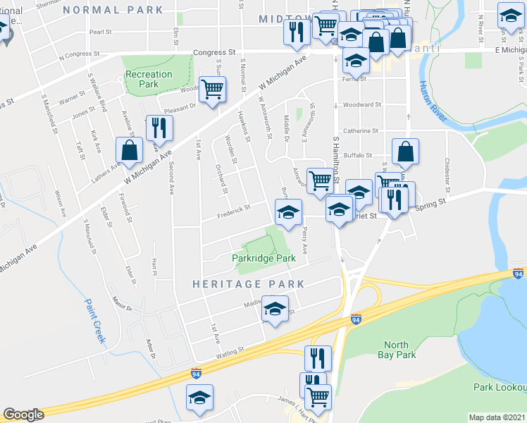 map of restaurants, bars, coffee shops, grocery stores, and more near 805 Frederick Street in Ypsilanti