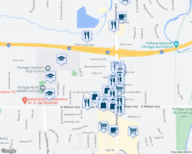 map of restaurants, bars, coffee shops, grocery stores, and more near 330 Idaho Avenue in Portage