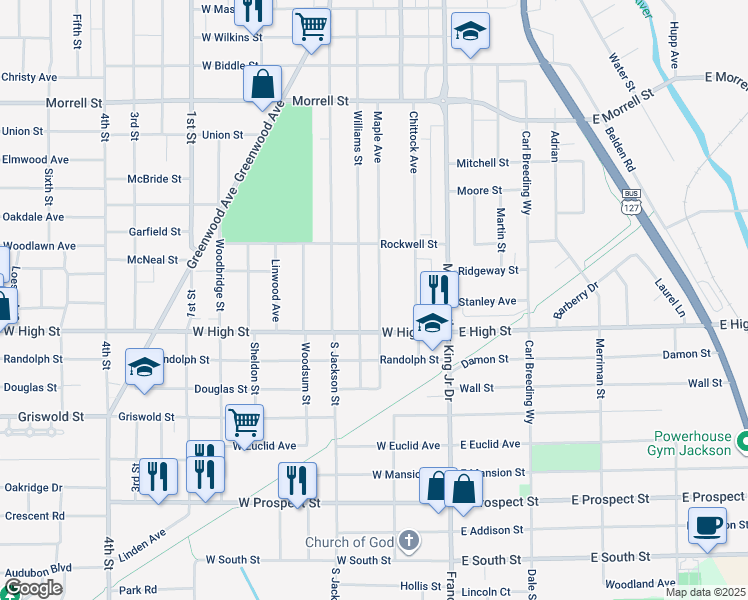 map of restaurants, bars, coffee shops, grocery stores, and more near 1216 Maple Avenue in Jackson