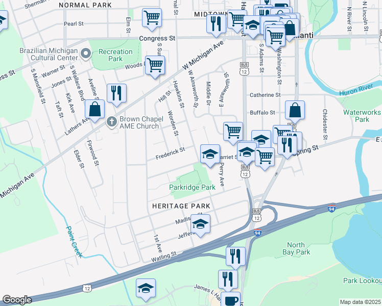 map of restaurants, bars, coffee shops, grocery stores, and more near 470 Hawkins Street in Ypsilanti