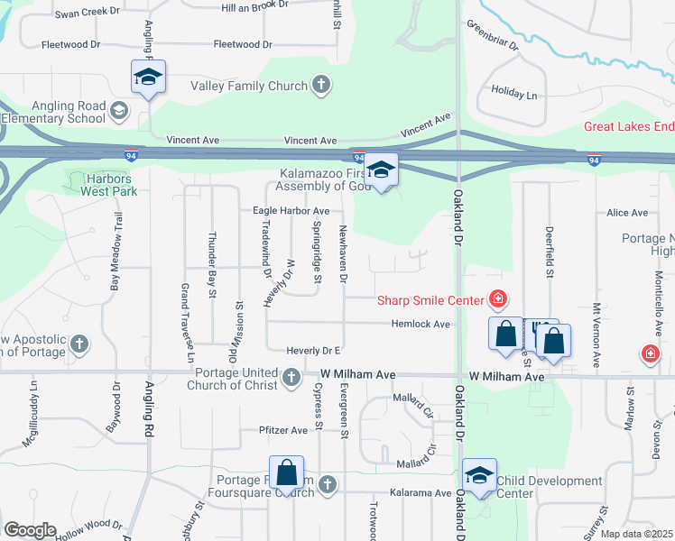 map of restaurants, bars, coffee shops, grocery stores, and more near 5750 Newhaven Drive in Portage