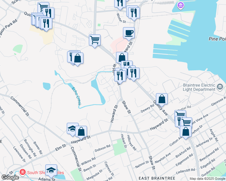 map of restaurants, bars, coffee shops, grocery stores, and more near Skyline Drive in Braintree